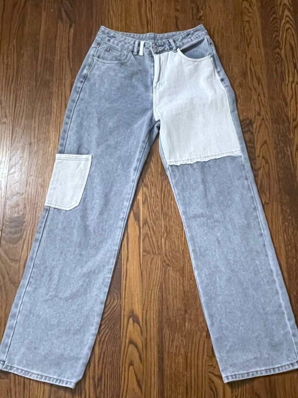 SheIn Jeans Size M Blue White Patchwork Denim Straight Leg Casual
